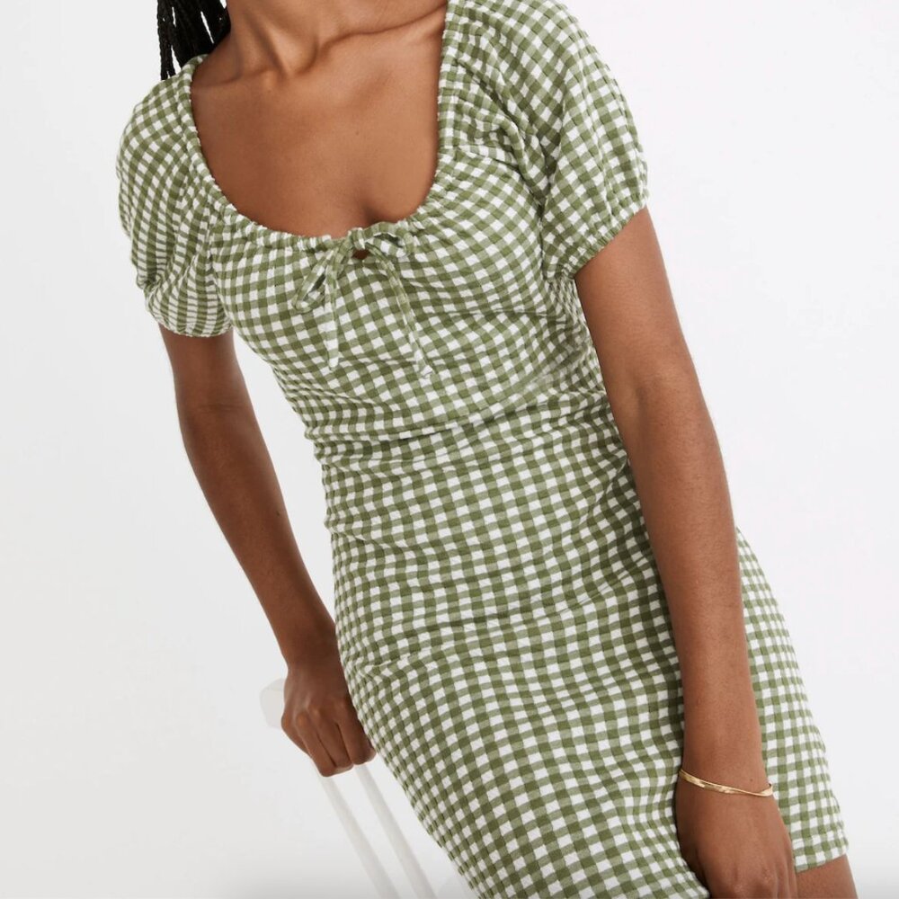 NWT Madewell Jacquard Puff-Sleeve Mini Dress in Gingham Check Size Small